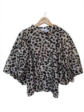 Rosae Paris Le Claude Black/Gray Leopard Puff Balloon Sleeve Blouse Sz 4